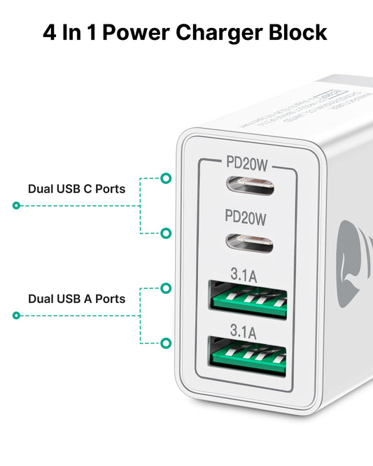Aioneus USB C Ladegerät, 4 Ports Mehrfach Ladegerät mit USB-C und USB-A, 40W Schnellladegerät PD 3.0 Power Adapter USBNetzteil für iPhone 16 15 14 Pro Max 13 12 11 SE 2020 XS XR 8 7, Samsung, Handys