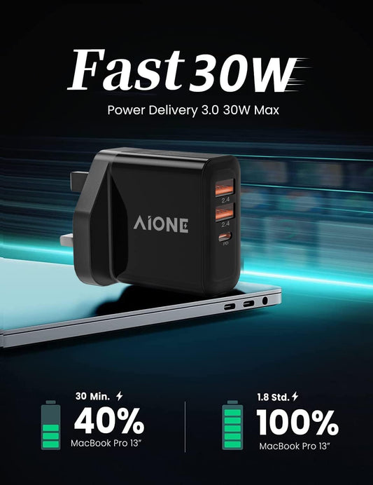 USB C Plug Fast Charge, Aione 30W 3-Port USB C Fast Charger