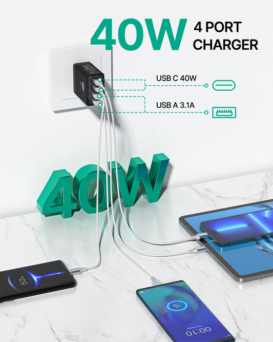 Aioneus 40W 4-Port Fast Charging Block PD+QC Wall Plug