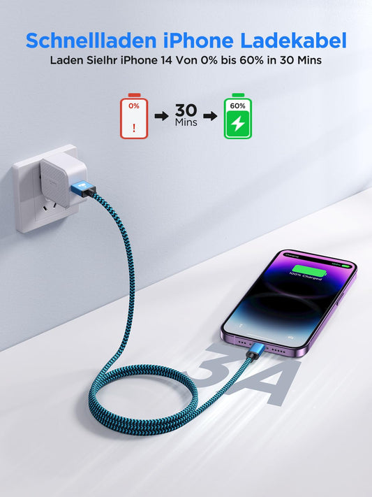 iPhone Charging Cable 2 m 3 Pack, Lightning Cable [MFi Certified] Charging Cable iPhone Fast Charging Cable Nylon iPhone Cable Fast USB Lightning Cable for iPhone 14 13 12 11 Pro Max Mini XS X 8 7 6 6s Plus 5 SE